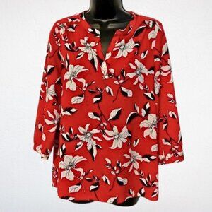 Jasmine & Juliana Red Floral Blouse Size M 3/4 Sleeve Top